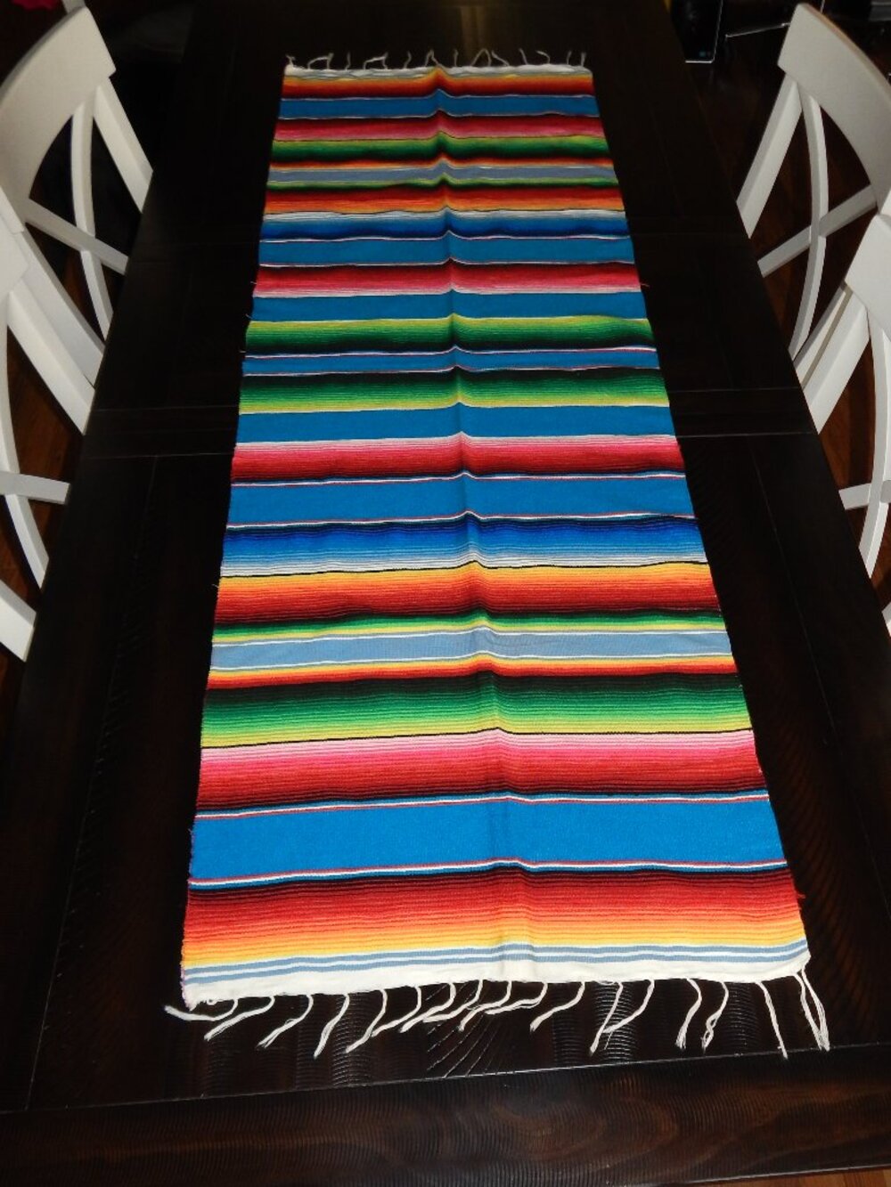 Colorful Fiesta Stripe Serape Table Runner Fringe Mexican Bohemian Party Decor